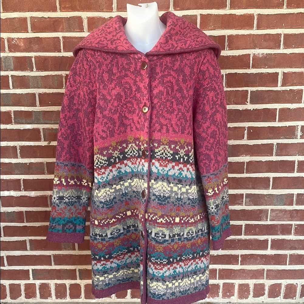 SUNDANCE Lambswool Copenhagen Long Cardigann Sweater Fair Isle Shawl Collar